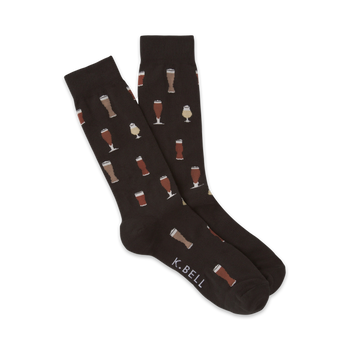 mens crew socks with beer glass pattern in dark brown  