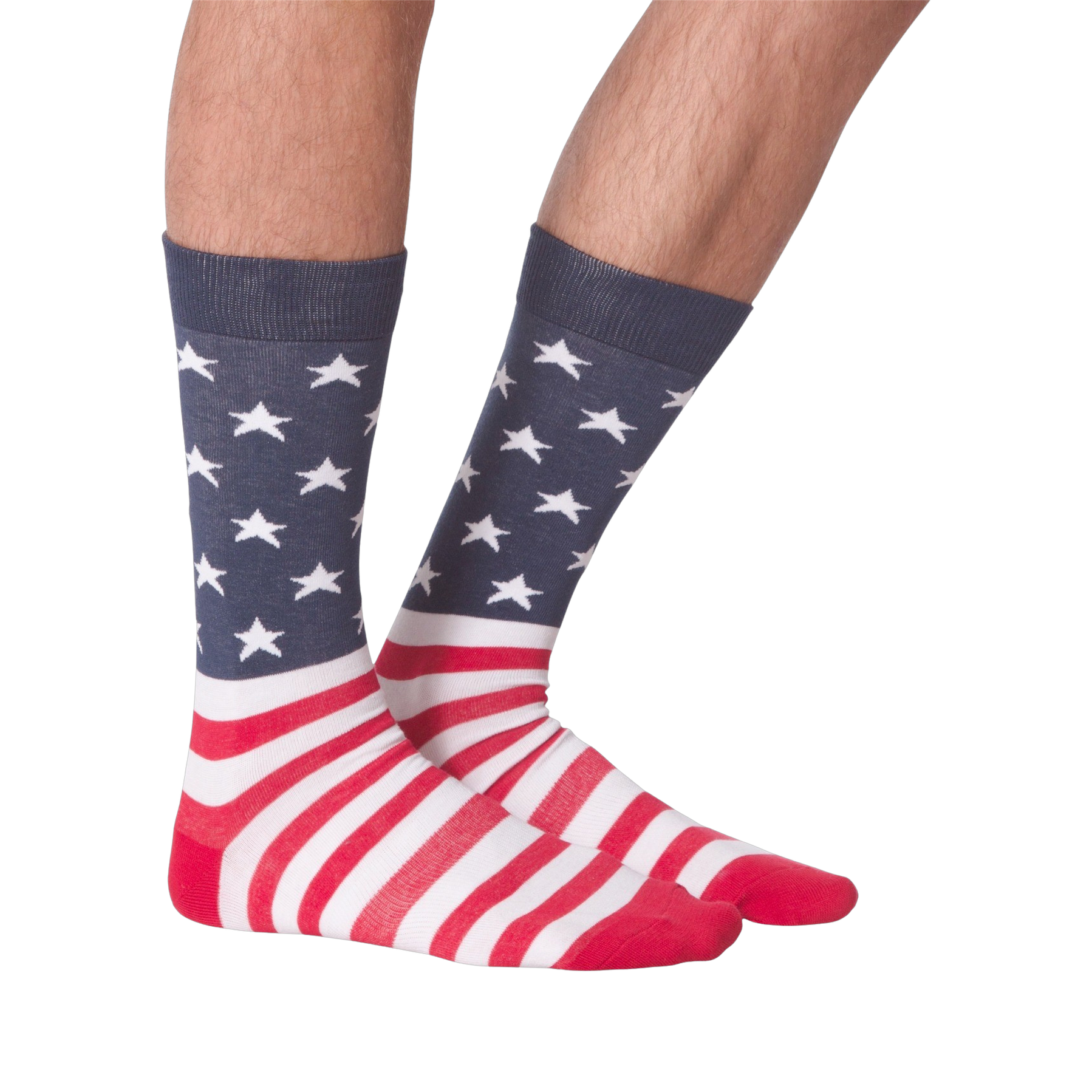 Close-up view of a pair of American Flag XL socks on a person's feet; showcasing a front view against a black background.