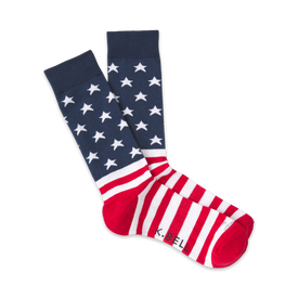 red, white, and blue stars and stripes mesh upper crew socks for men.  