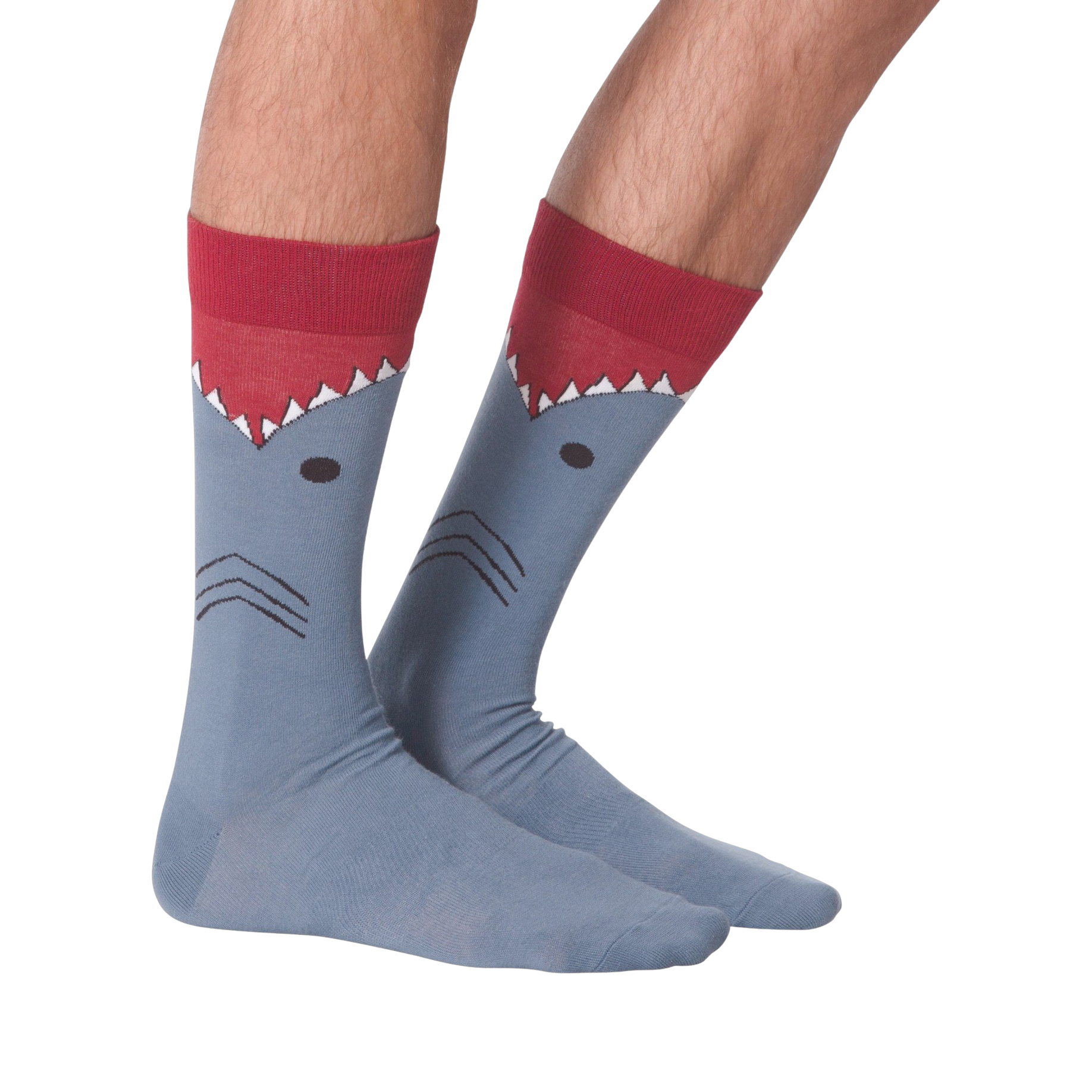 Another lifestyle shot showing the Shark XL socks from the back on a person's legs.