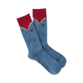 Pair of blue crew socks with a red shark mouth and gray shark face design. Fun and playful!