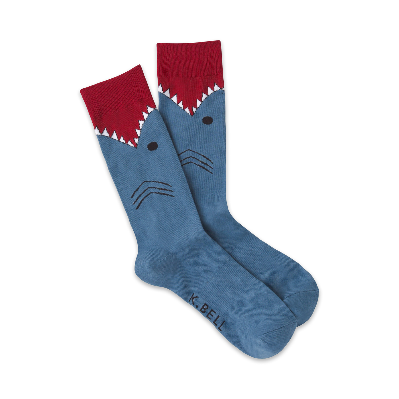 Pair of blue crew socks with a red shark mouth and gray shark face design. Fun and playful!