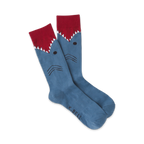 Pair of blue crew socks with a red shark mouth and gray shark face design. Fun and playful!