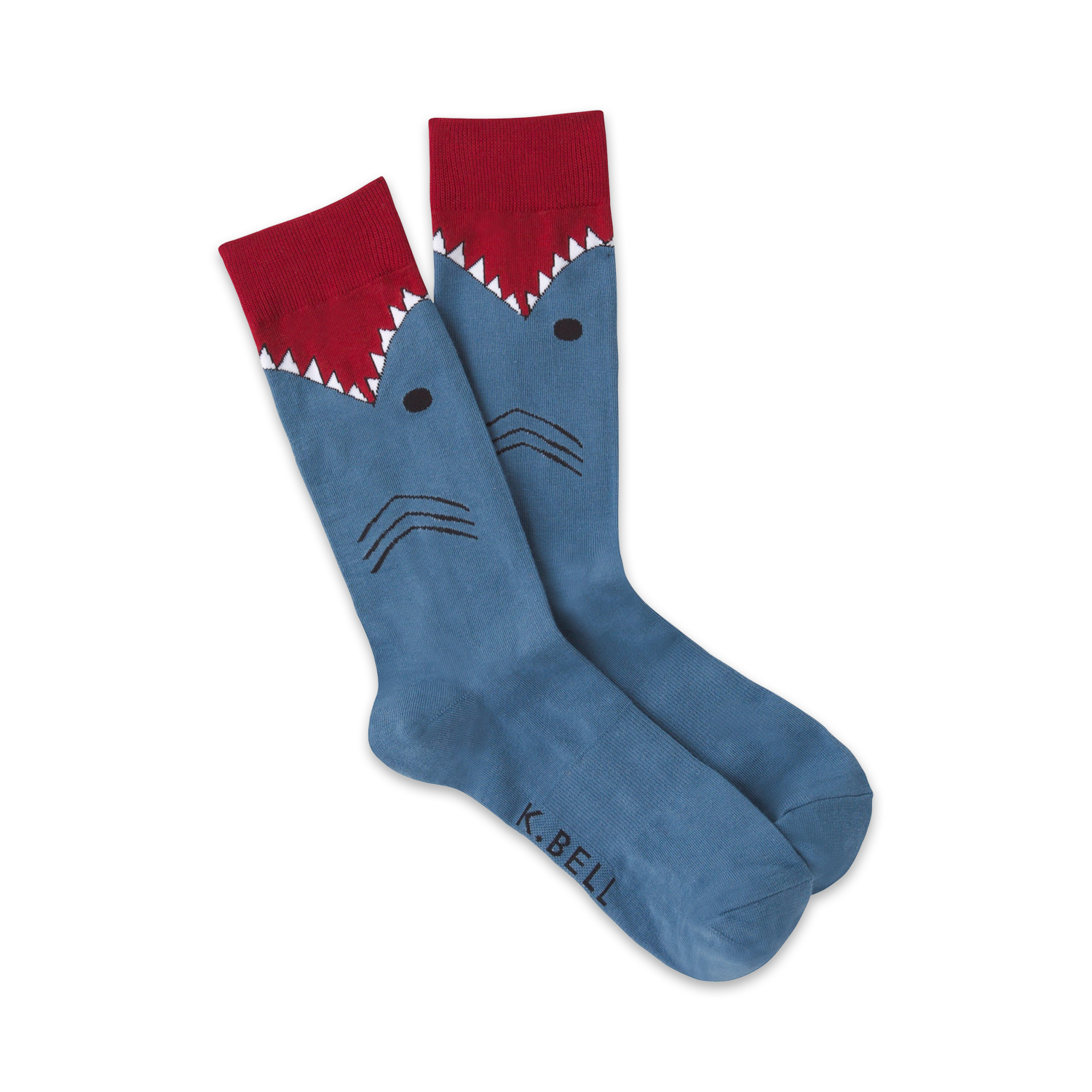 Pair of blue crew socks with a red shark mouth and gray shark face design. Fun and playful!