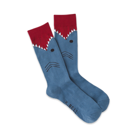 men's blue shark pattern crew socks, mid-calf length, red mouths, white teeth, black eyes.   