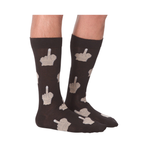 Close-up detail shot of the beige middle finger print on the dark brown socks.