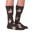 Close-up detail shot of the beige middle finger print on the dark brown socks.