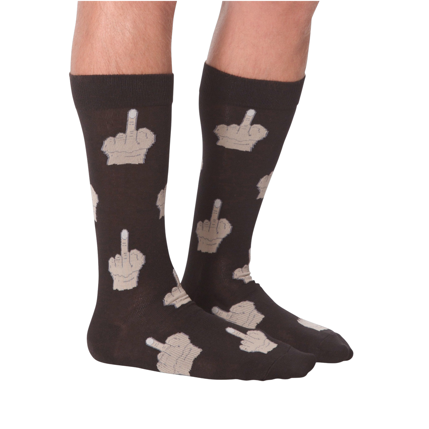 Close-up detail shot of the beige middle finger print on the dark brown socks.