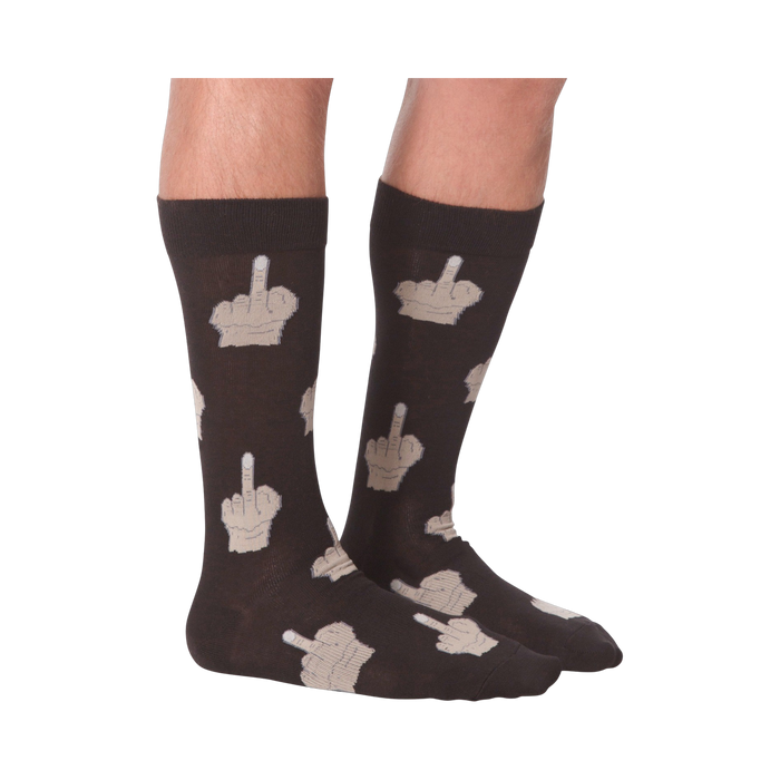 Close-up detail shot of the beige middle finger print on the dark brown socks.