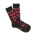 Pair of black crew socks with a fun beer pong design. Red solo cups and white ping pong balls are scattered on the dark fabric.