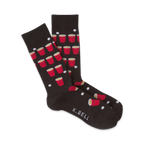Pair of black crew socks with a fun beer pong design. Red solo cups and white ping pong balls are scattered on the dark fabric.