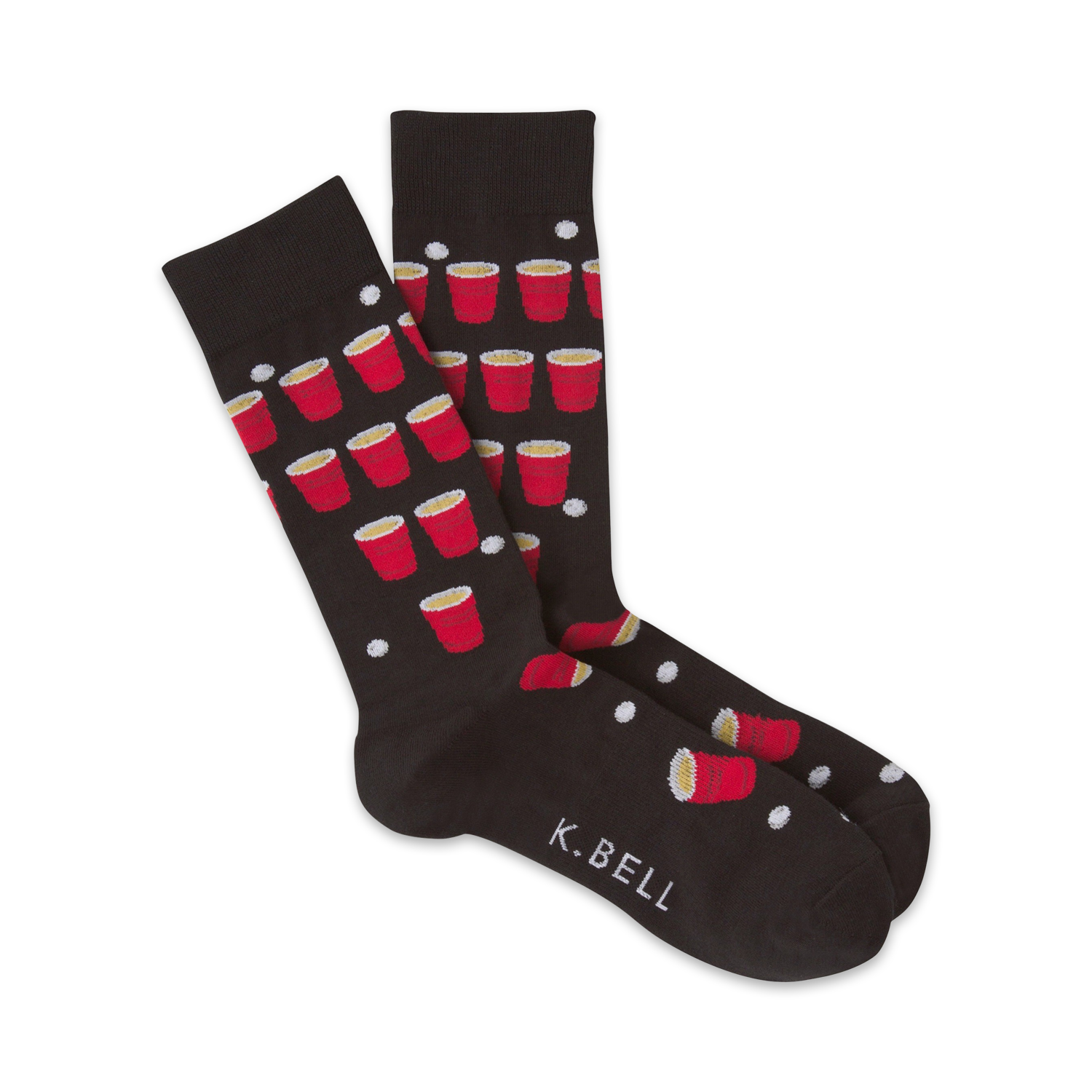Pair of black crew socks with a fun beer pong design. Red solo cups and white ping pong balls are scattered on the dark fabric.