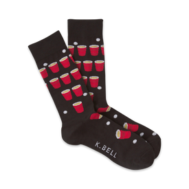 black crew socks with red plastic cup and white ping pong ball pattern.  