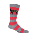 Crew socks in grey and coral featuring horizontal stripes and a black donkey graphic with the word 'KICK' across it.