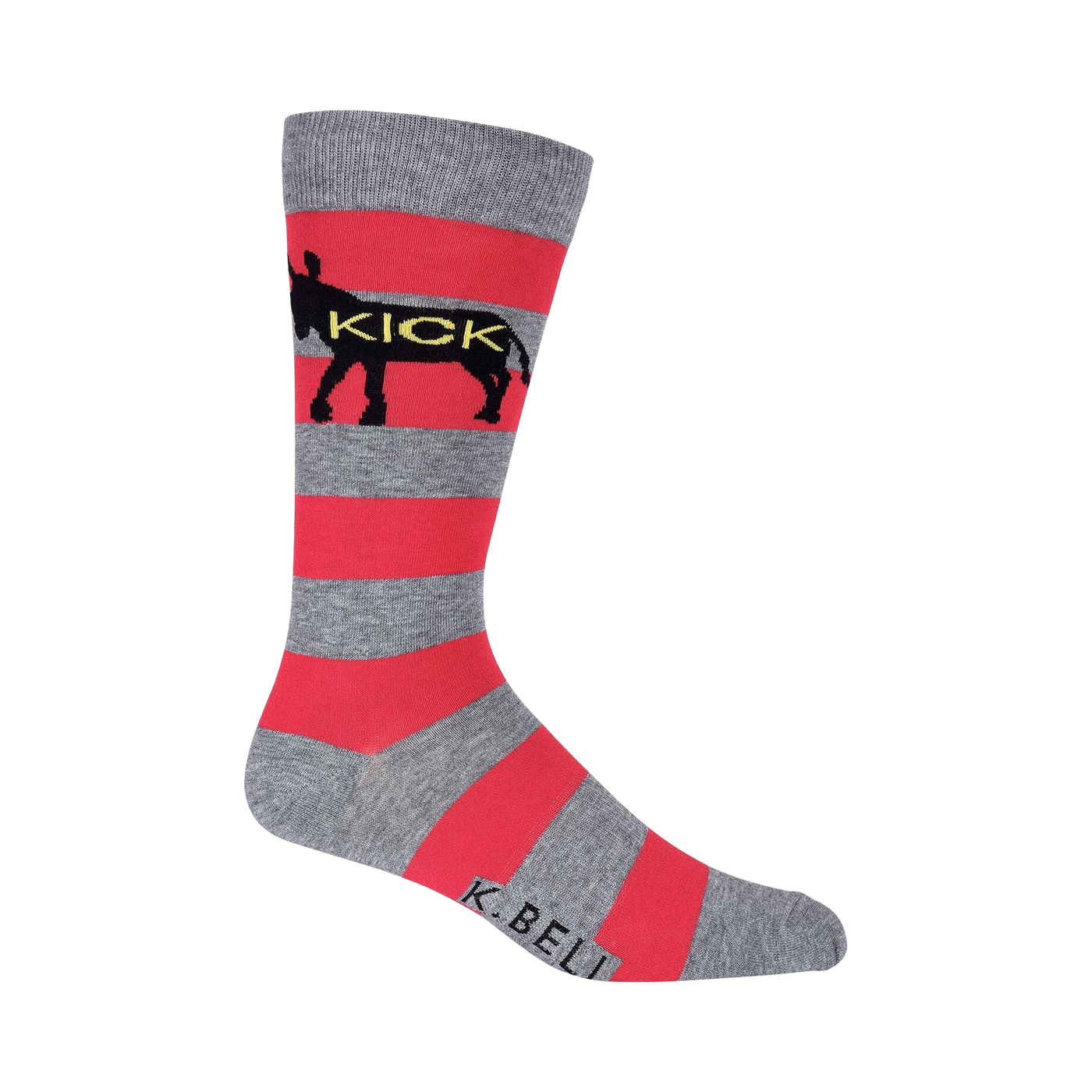 Crew socks in grey and coral featuring horizontal stripes and a black donkey graphic with the word 'KICK' across it.