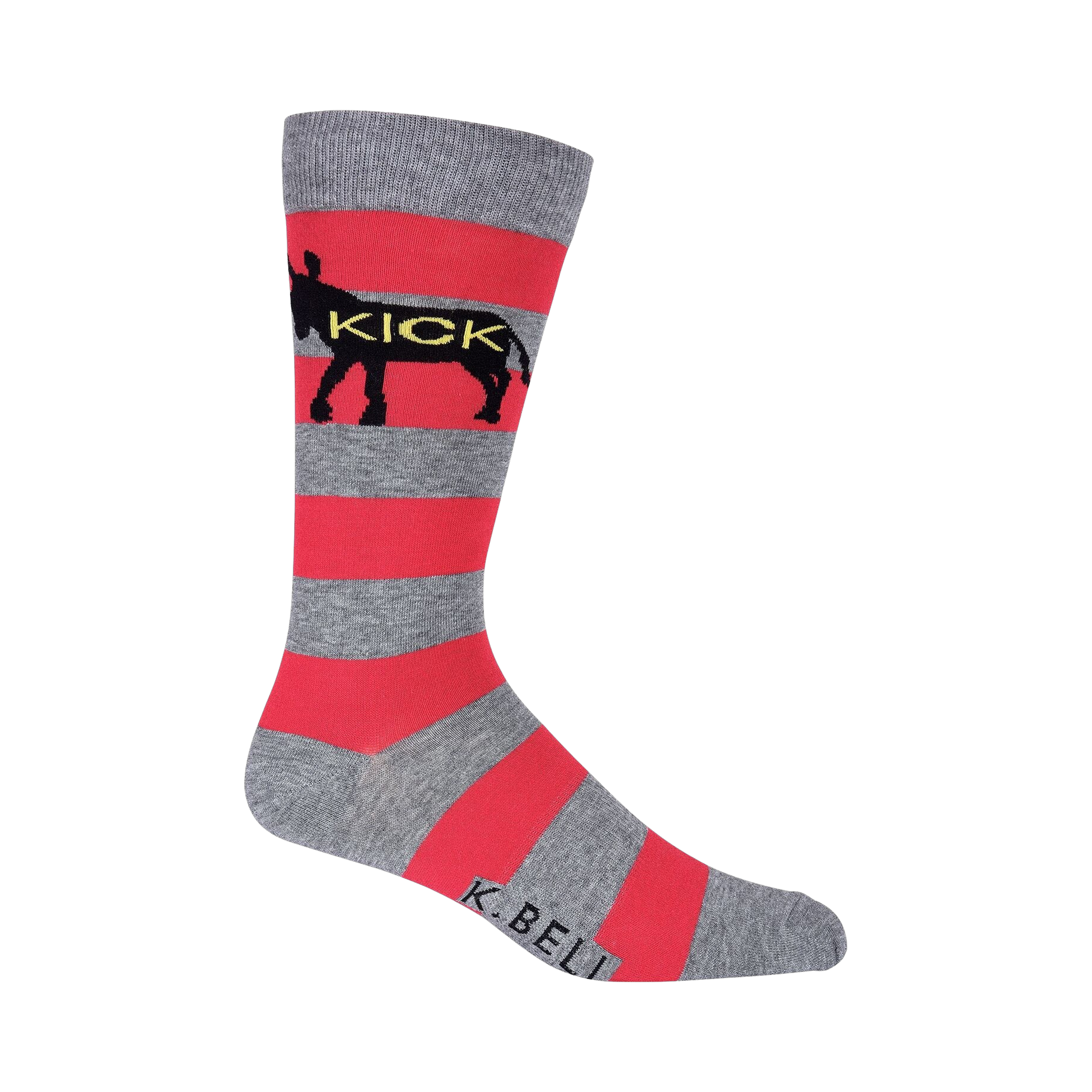 Crew socks in grey and coral featuring horizontal stripes and a black donkey graphic with the word 'KICK' across it.