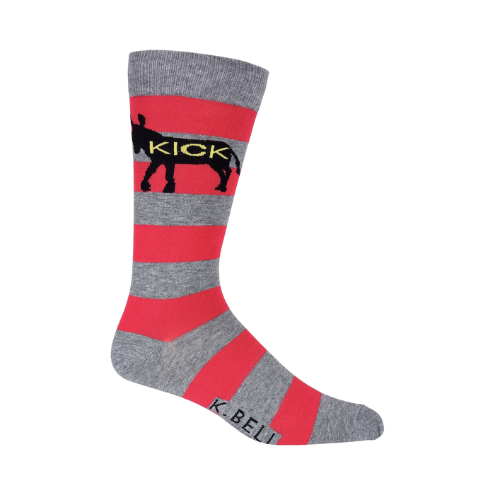Crew socks in grey and coral featuring horizontal stripes and a black donkey graphic with the word 'KICK' across it. }}