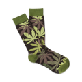A pair of crew socks with a marijuana leaf pattern. The leaves are in shades of light and dark green and brown on a dark brown background. The socks have olive green cuffs.