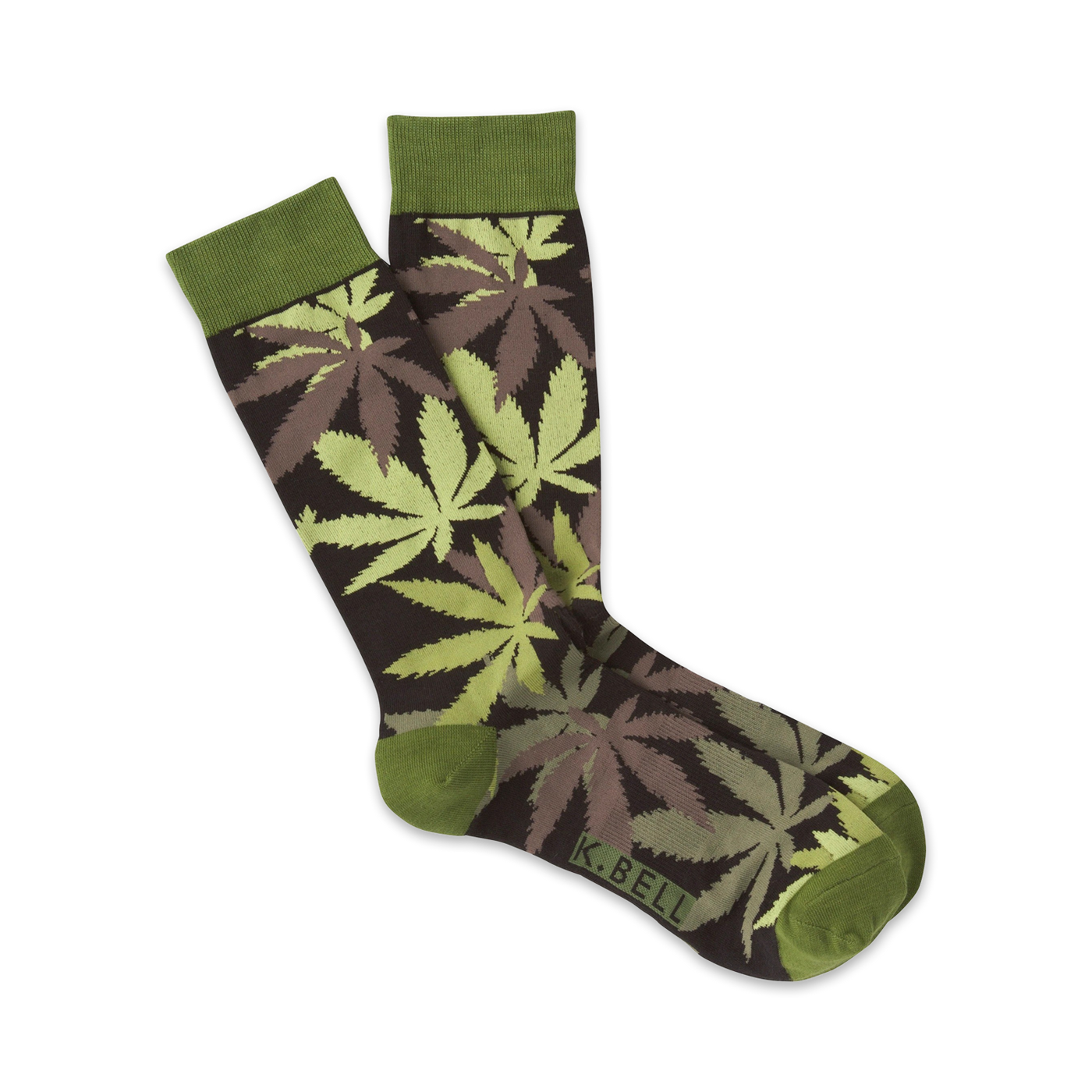 A pair of crew socks with a marijuana leaf pattern. The leaves are in shades of light and dark green and brown on a dark brown background. The socks have olive green cuffs.
