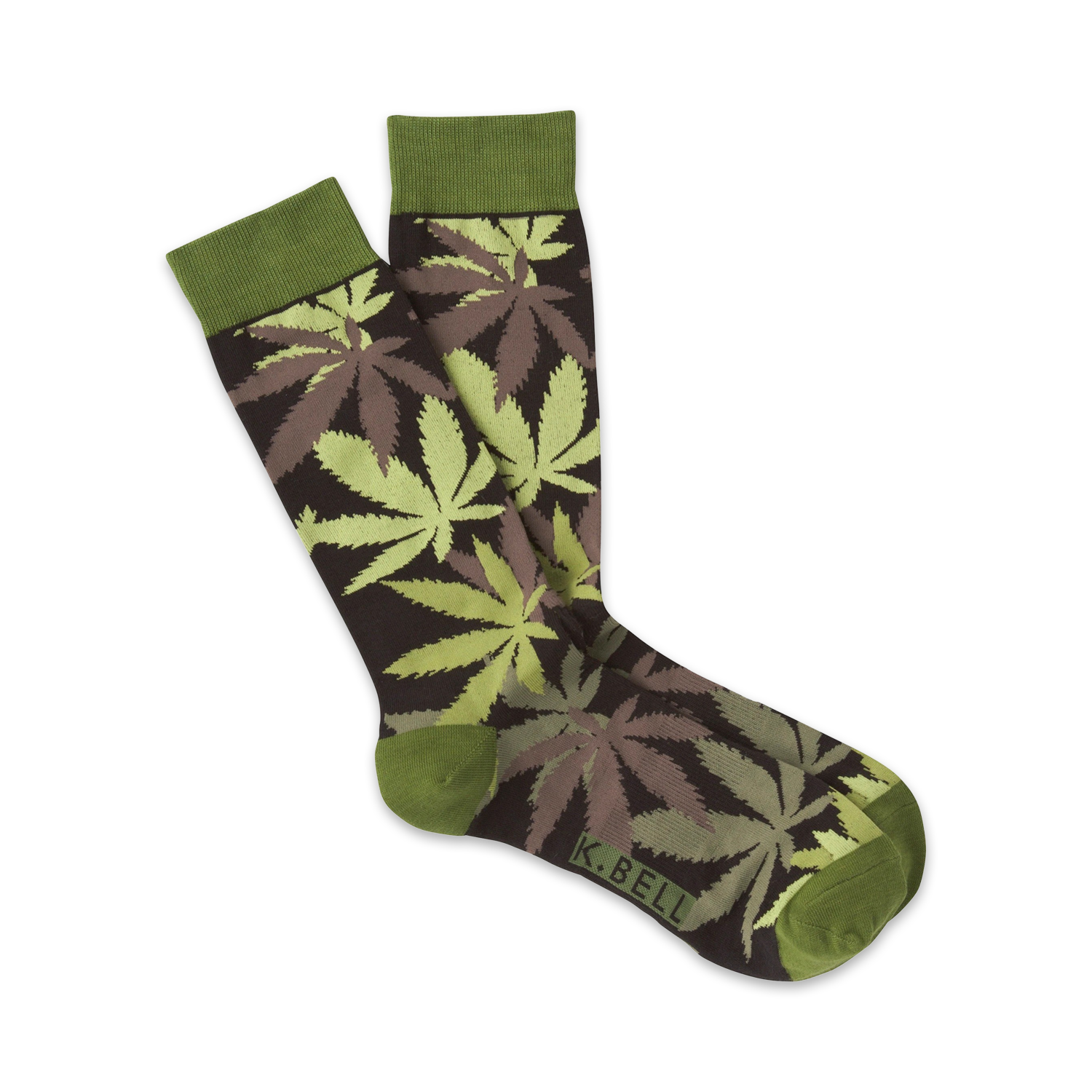 A pair of crew socks with a marijuana leaf pattern. The leaves are in shades of light and dark green and brown on a dark brown background. The socks have olive green cuffs.