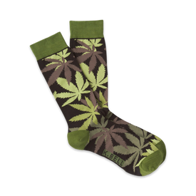 mens brown crew socks with pattern of light green cannabis leaves.   