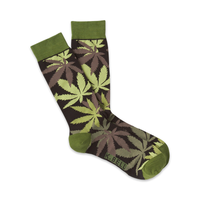 mens brown crew socks with pattern of light green cannabis leaves.   