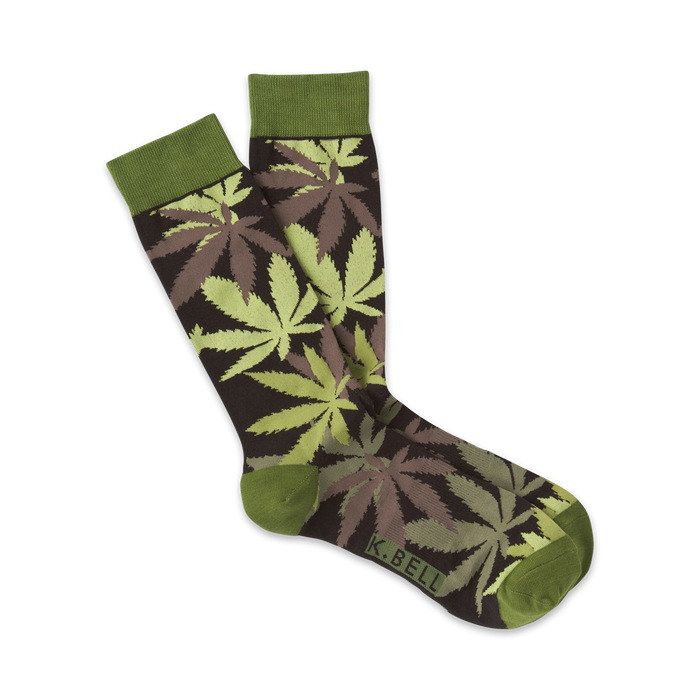 mens brown crew socks with pattern of light green cannabis leaves.    }}