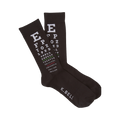 A pair of dark brown crew socks with a white eye chart pattern printed on them. The text includes letters and symbols typical of eye exams. 'K.BELL' is visible on the bottom.