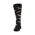 Back view of black crew socks with a whimsical fishing lure pattern.