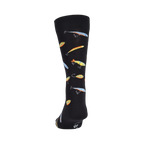 Back view of black crew socks with a whimsical fishing lure pattern.