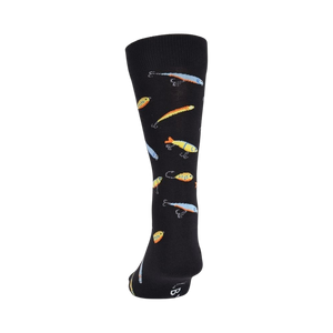 Back view of black crew socks with a whimsical fishing lure pattern.