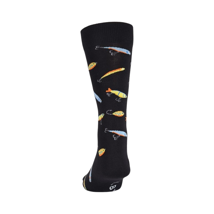 Back view of black crew socks with a whimsical fishing lure pattern.