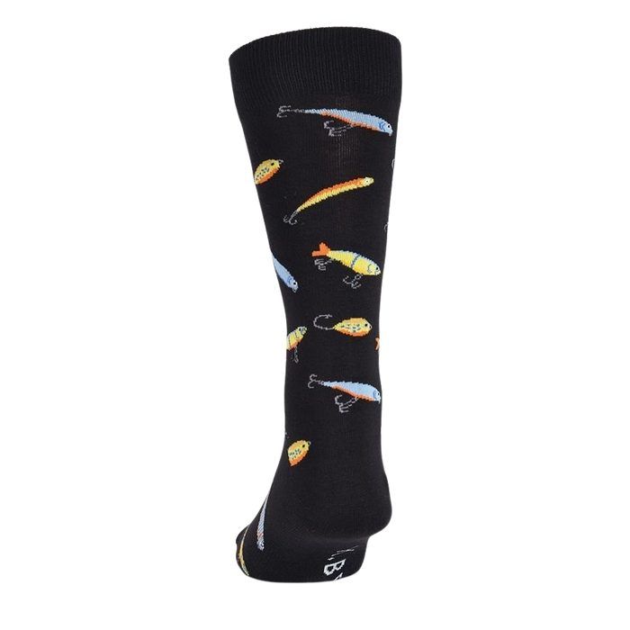 A black sock with a pattern of colorful fishing lures.