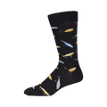 Side view of black crew socks showcasing the colorful fishing lure design.