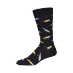 Side view of black crew socks showcasing the colorful fishing lure design.
