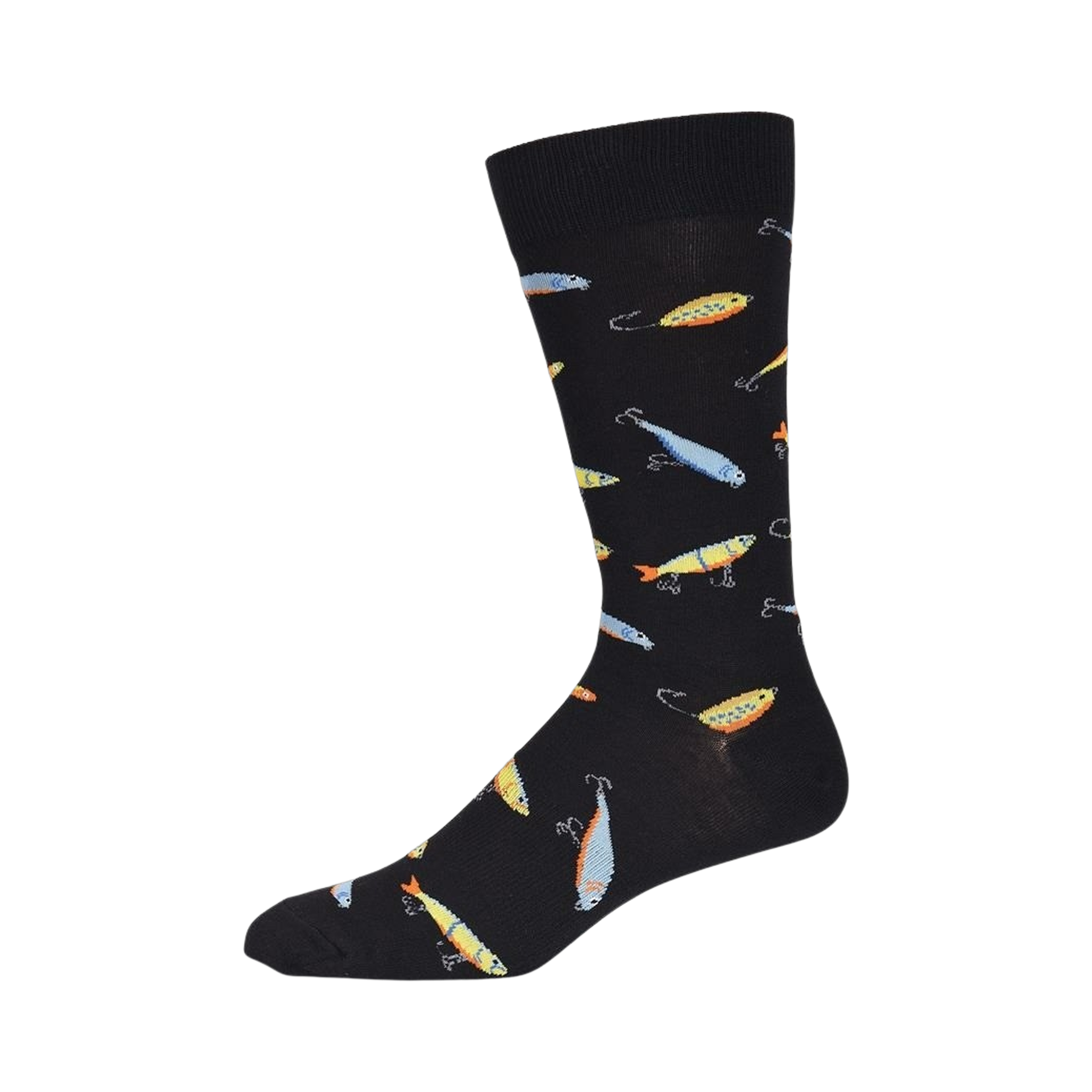 Side view of black crew socks showcasing the colorful fishing lure design.