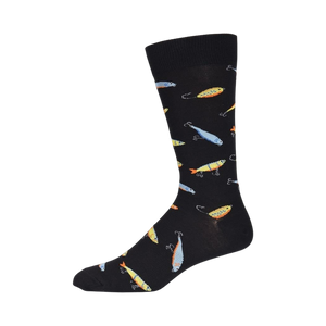 Side view of black crew socks showcasing the colorful fishing lure design.