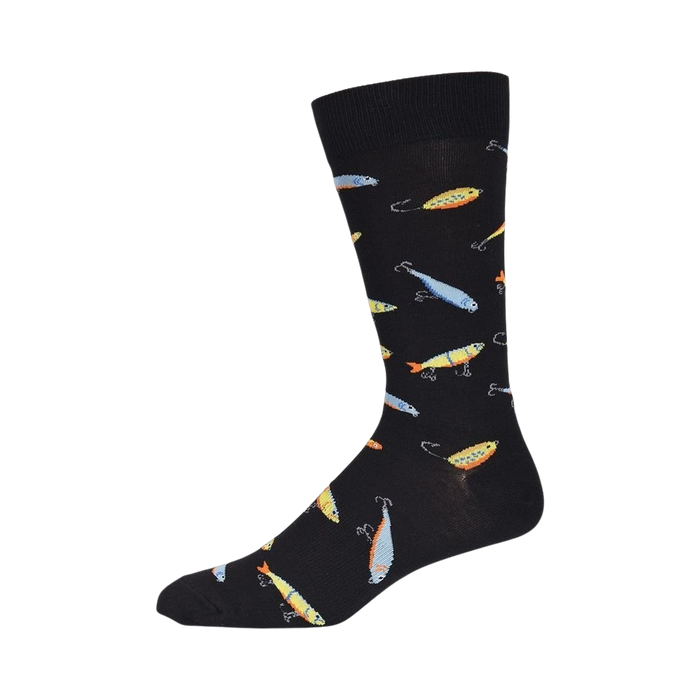 Side view of black crew socks showcasing the colorful fishing lure design.