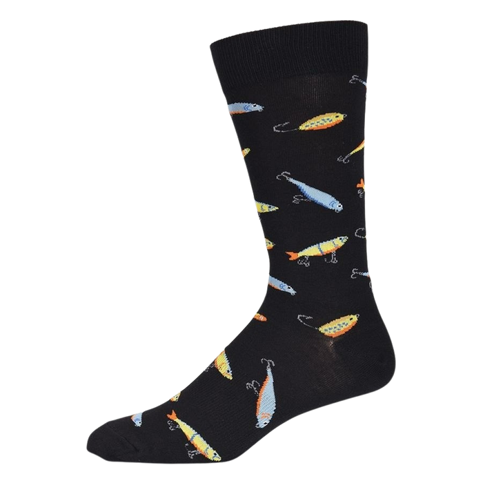 A black sock with a pattern of colorful fishing lures.