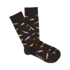 Pair of black crew socks with a fun pattern of colorful fishing lures. 