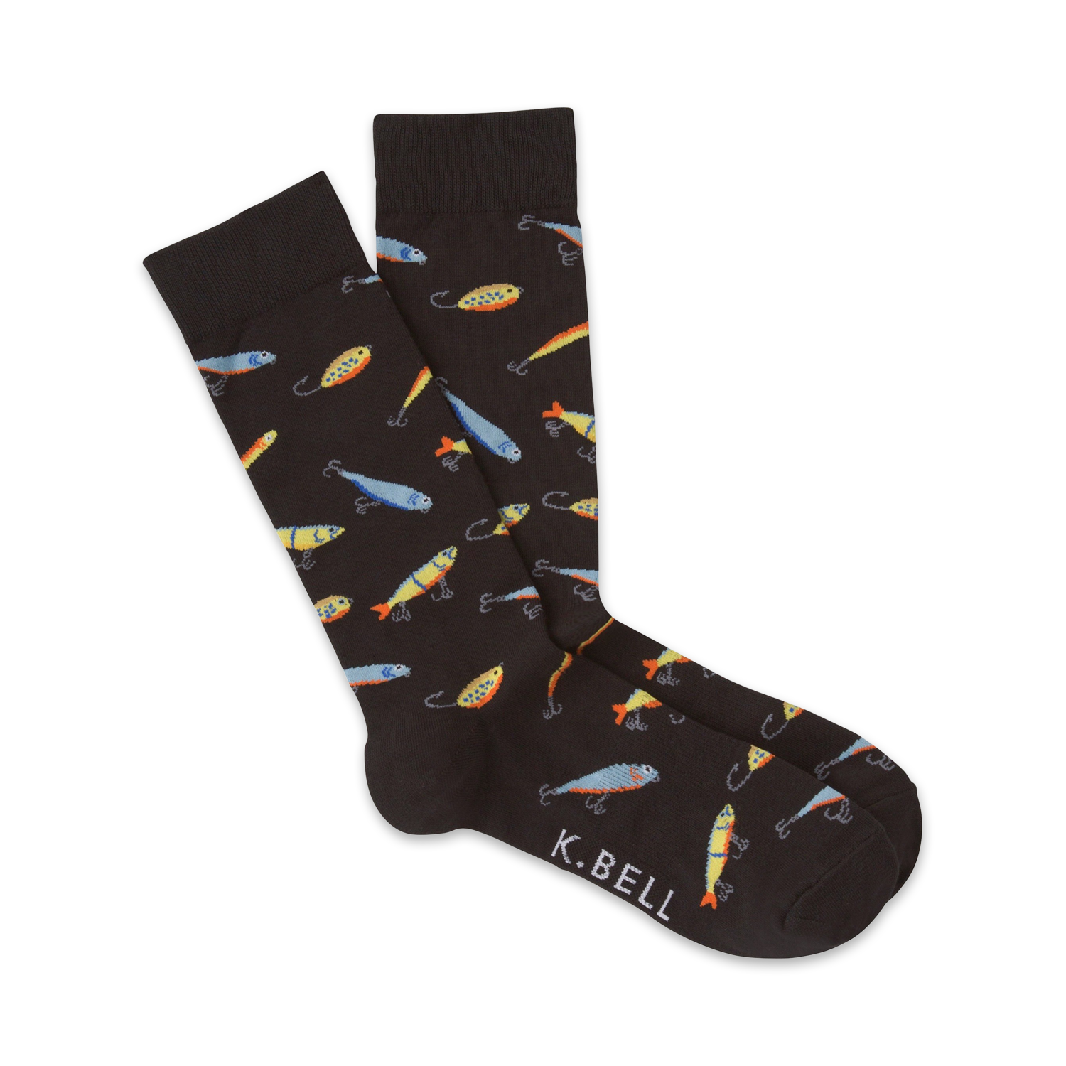 Pair of black crew socks with a fun pattern of colorful fishing lures. 