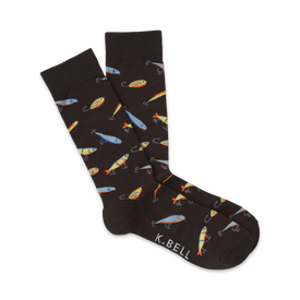 fishing lures crew socks for men with colorful patterns of lures & fish hooks.   