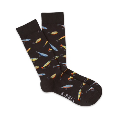 fishing lures crew socks for men with colorful patterns of lures & fish hooks.   