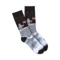 Pair of crew socks in black, gray, and white. The design features astronauts planting American flags on the moon.