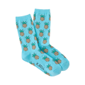 Pair of light blue crew socks with a repeating pattern of brown and green zig-zag pineapples.