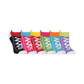 Six pairs of low-cut socks featuring a sneaker design. Colors include black, pink, turquoise, yellow, green, and purple.