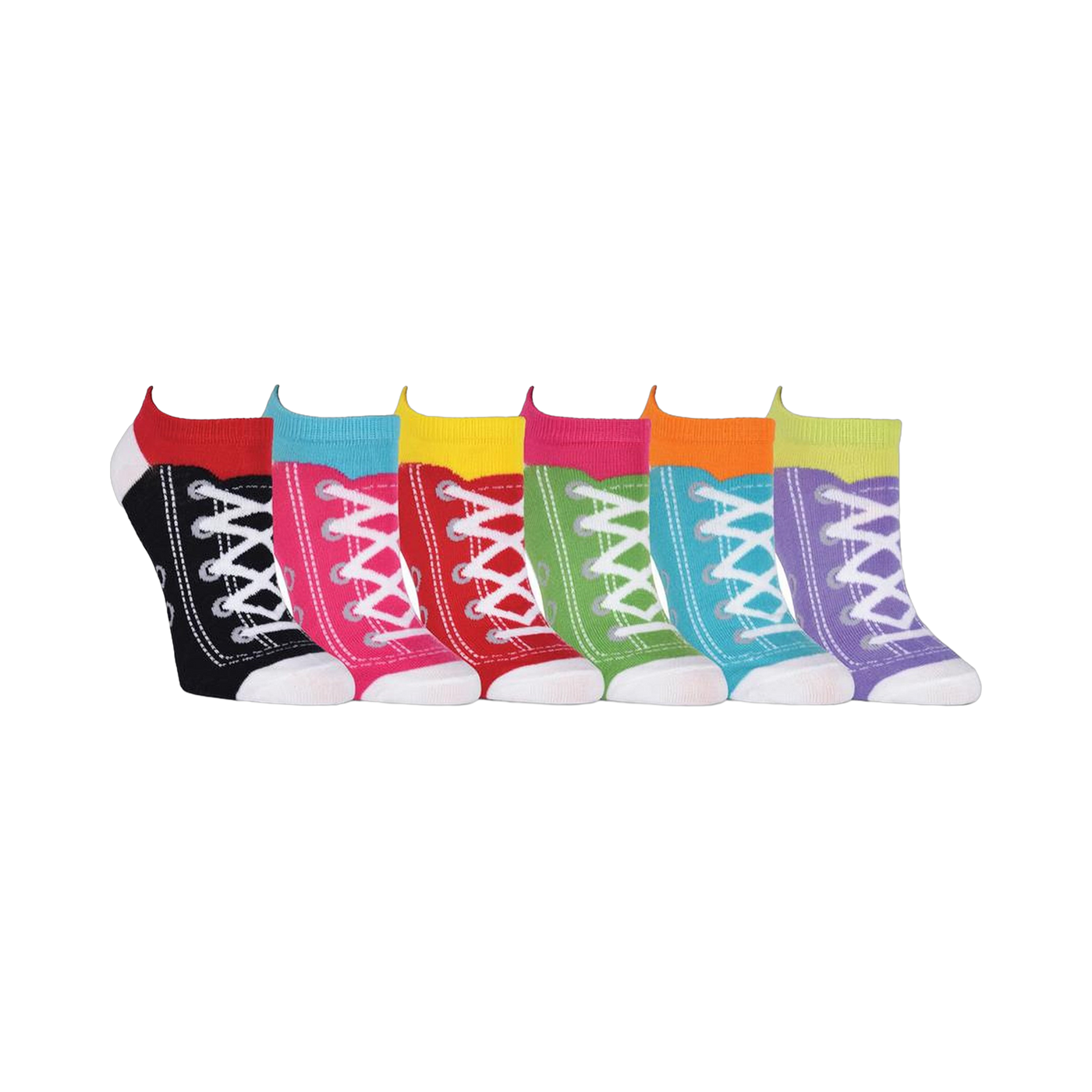 Six pairs of low-cut socks featuring a sneaker design. Colors include black, pink, turquoise, yellow, green, and purple.