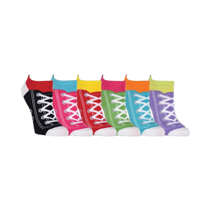 Six pairs of low-cut socks featuring a sneaker design. Colors include black, pink, turquoise, yellow, green, and purple.