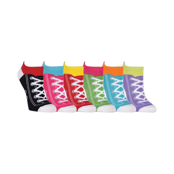 Six pairs of low-cut socks featuring a sneaker design. Colors include black, pink, turquoise, yellow, green, and purple.