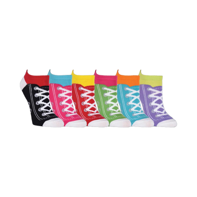 Six pairs of low-cut socks featuring a sneaker design. Colors include black, pink, turquoise, yellow, green, and purple.